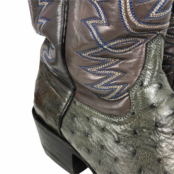 Justin Ostrich Cowboy Boots Mens Sz 7 Wide 7W Gray Leather Blue Stitch Round Toe main image 4